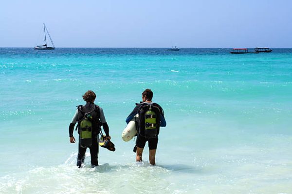 two divers standing up to their knees in water, Zanzibar